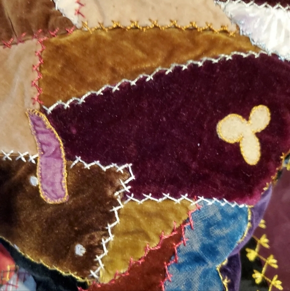 Victorian Crazy Quilt Pillow Velvets Fanny Embroidery Rear 1890s Size 13x13